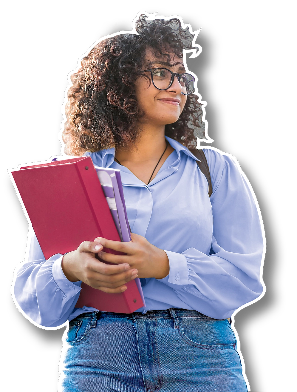 Jeune étudiante en apprentissage tenant des classeurs, en tenue décontractée, symbole de la formation professionnelle et de l’alternance