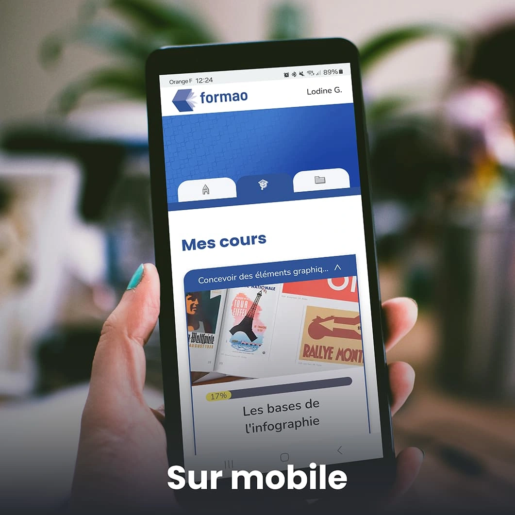 Interface mobile de la plateforme e-learning Formao affichant les cours en ligne d’un utilisateur sur smartphone